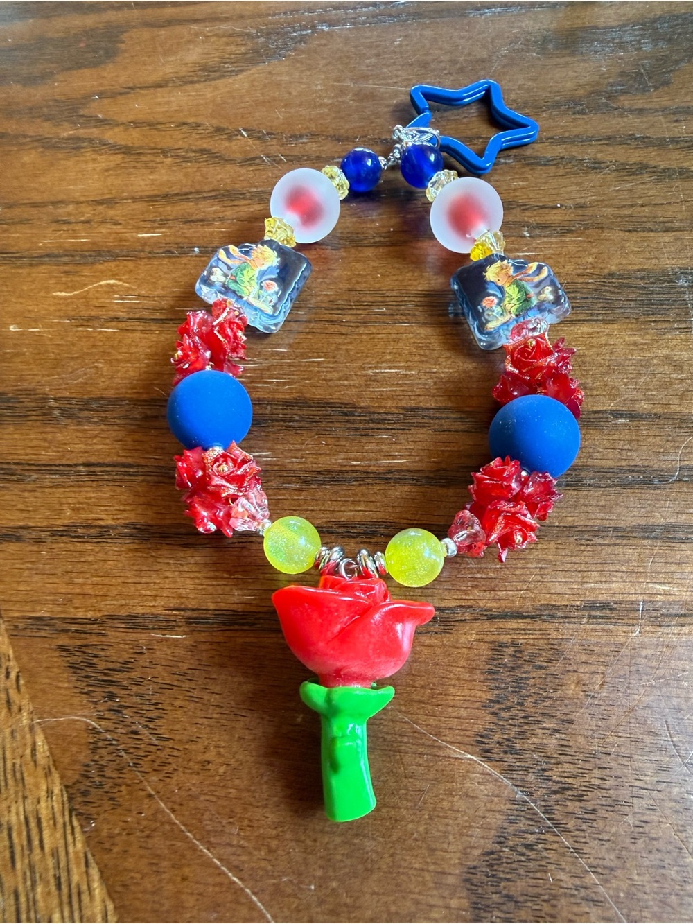 Colorful Rose Pendant Beaded Keychain - Red, Blue & Green